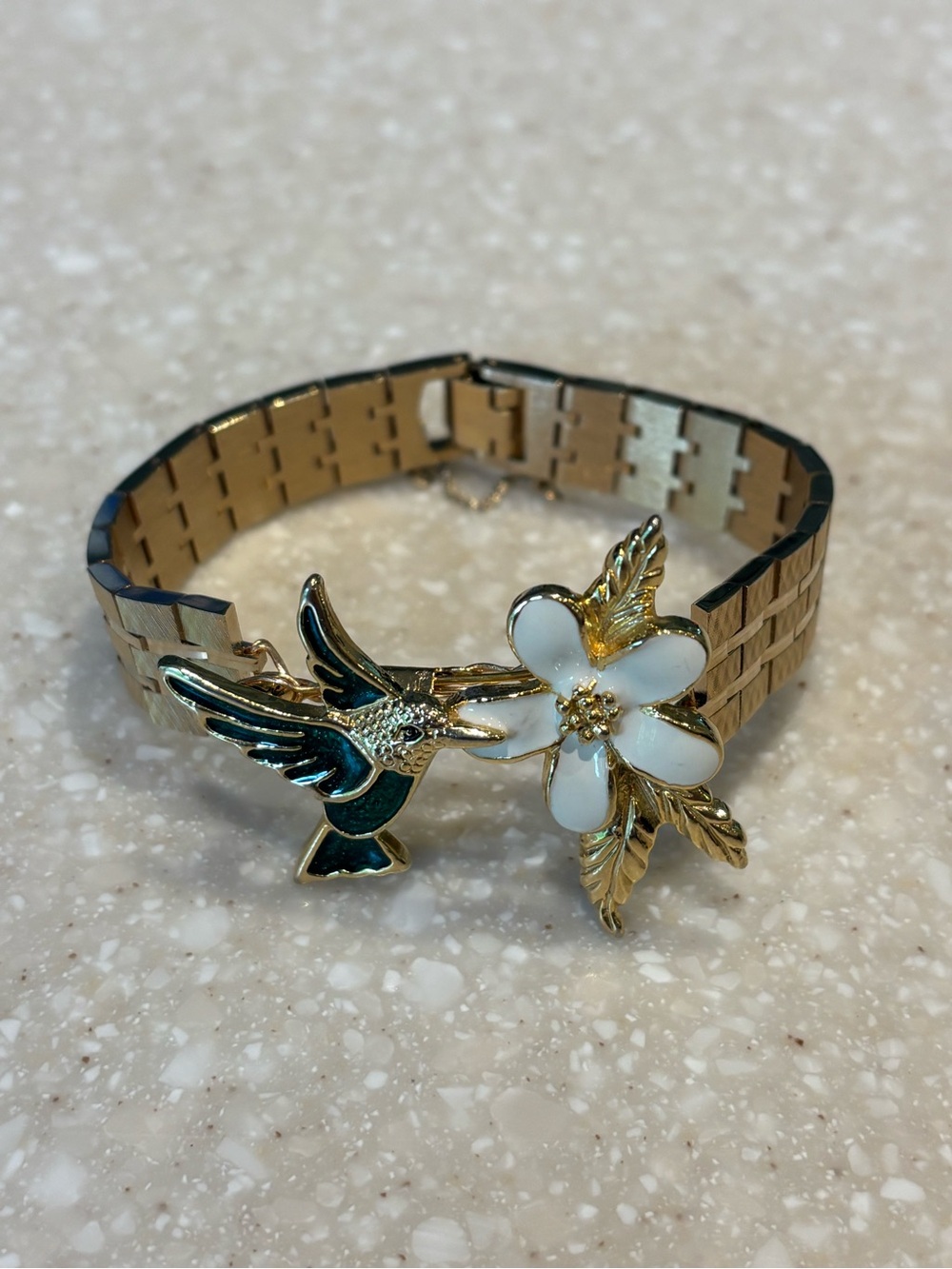 Upcycled Bracelet Vintage Seiko Band Hummingbird Flower Brooch